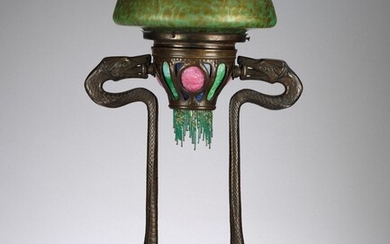 A large table lamp with two snakes, lampshade by Johann Lötz Witwe, Klostermühle for E. Bakalowits, Söhne, Vienna c. 1900