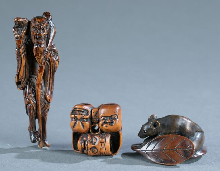 Group of 3 wood netsuke carvings.