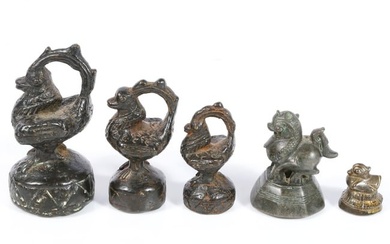 Group of 5 Burmese bronze opium weights; bird and mythical beast form. 3 1/4"H x 2"W (largest)