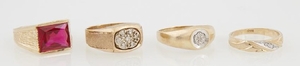Group of Four 14K Yellow Gold Dinner Rings, one with a