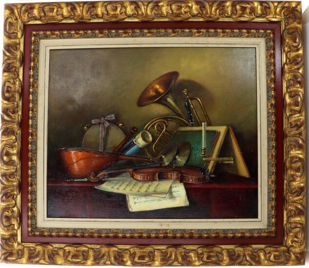 Gyorgy TAKACS (1935) "Still life with musical instruments" oil on canvas signed lower right, in a large gilt wood carved frame, with certificate, 50 x 61 cm