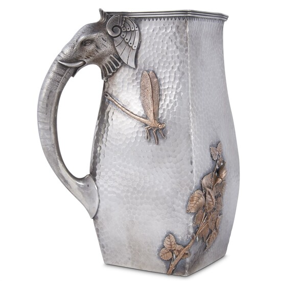 Hammered sterling silver and mixed metal Japanese/Indian-style pitcher Gorham Mfg. Co., Providence, RI, date mark for 1880