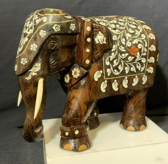 Hand Painted Shikar Style Wood Elephant Sculpture
