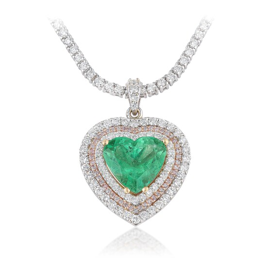 Heart-Shaped Emerald and Triple Diamond Halo Pendant Necklace