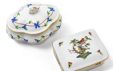 Herend Porcelain (Hungarian) 'Rothschild Bird' & 'Blue Garland' Porcelain Boxes, H 4" W 3.5" L 5" 2