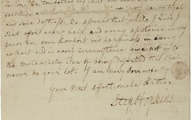 Hopkins, Stephen. Autograph letter signed, Philadelphia, 15 Nov 1775, to his daughter-in-law Ruth G. Hopkins