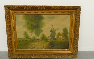 Huile sur panneau "Paysage au moulin" signée paul Schouten (80x110cm)