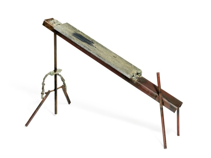 Ib Braase: Untitled (The Bench), 1977. Unsigned. Painted iron, bronze and marble. 86×115 x 65 cm.