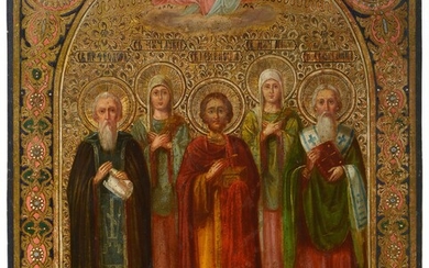 Icône peinte sur bois représentant "Cinq saints surmontés du Christ". Travail russe, école de Zagorsk....