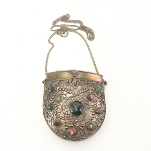 Indian Sajai Embellished Metal Purse with Polished Agates