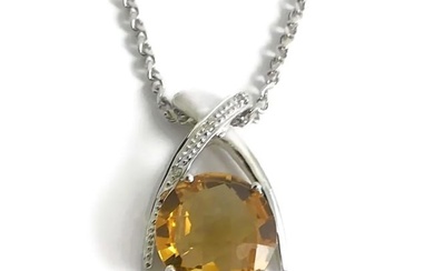 Italian Round Orange Citrine Diamond Pendant Necklace 14K White Gold, 6.39 Grams