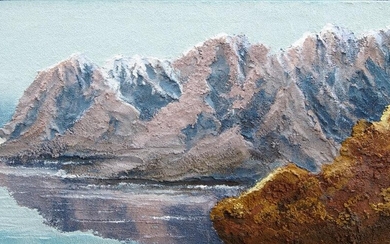 J Buste, Spanish b.1945- Coastal landscape with mountains; oil and mixed media on canvas, signed 'J. Buste' (lower left), 40.3 x 80 cm (ARR)