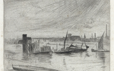 JAMES A. M. WHISTLER Battersea Dawn (Cadogan Pier). Etching and drypoint on antique...