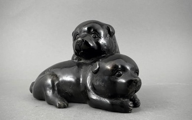 Japanese Bronze Figural Group of Two Puppies