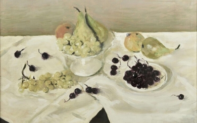 Jean-Jacques RENE (XXe siècle) Nature morte aux fruits sur une nappe blanche