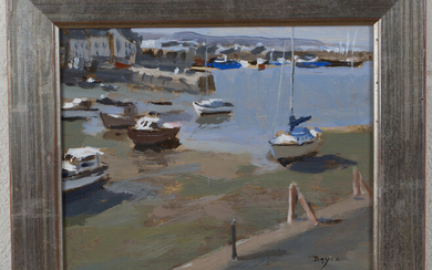 John Boyce - View of Beached Boats, late 20th century oil on board, signed recto, label verso, 19cm