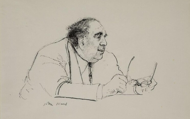John Stanton Ward RA, British 1917-2007- Portrait of Arnold Goodman, 1978; pen and black ink on paper, signed 'John Ward' (lower left), 27.9 x 38.1 cm (ARR) Provenance: A gift from the Stock Exchange. Note: Sir Nicholas Goodison notes: One of a...