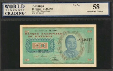 KATANGA. Banque Nationale du Katanga. 20 Francs, 1960. P-6a. WBG Choice About Uncirculated 58.