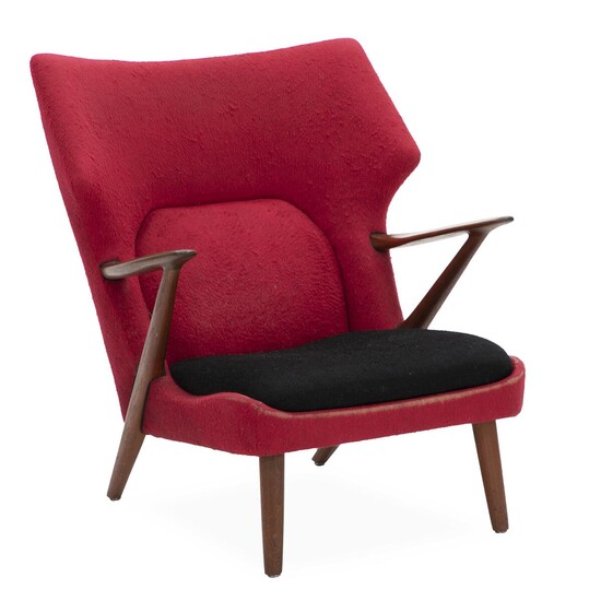 SOLD. Kurt Olsen: A teak easy chair. Back and seat upholstered with red wool, seat cushion upholstered with black wool. – Bruun Rasmussen Auctioneers of Fine Art