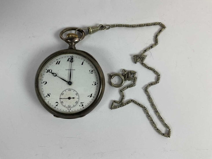 LONGINES; a 800 grade silver pocket watch, the white enamel...