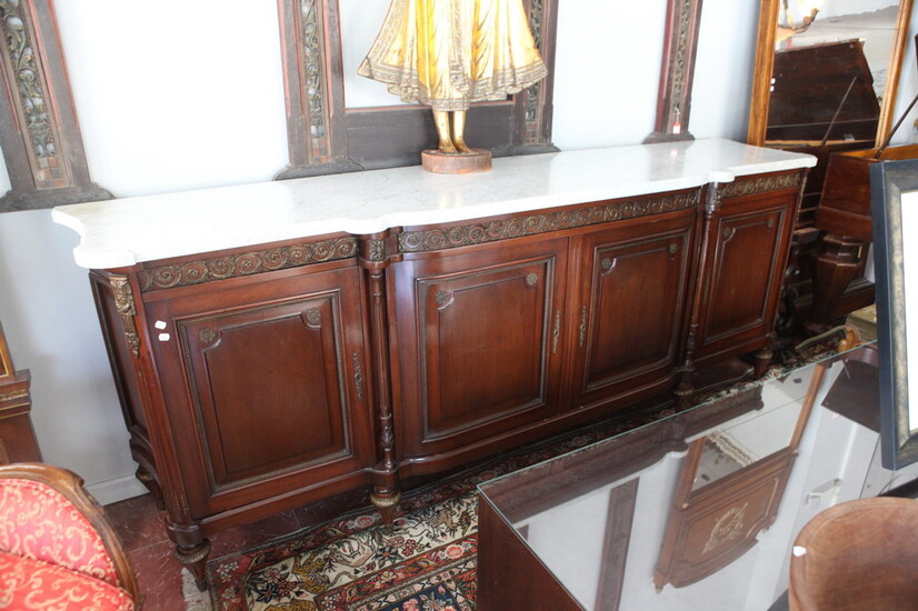 LOUIS XVI STYLE CARVED MAHOGANY, MARBLE-TOP SIDEBOARD WITH GILT-METAL MOUNTS....