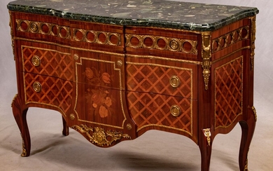 LOUIS XVI STYLE MARQUETRY-INLAID AND GILT BRONZE MOUNTED MARBLE TOP COMMODE, 20TH C. H 34", W 50", D 19.5"