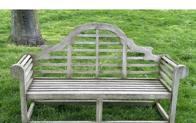 LUTYENS STYLE GARDEN BENCH, weathered teak slatted after a d...