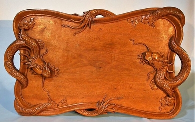 Large "Art Nouveau" monoxyl wood tray in rectangular...