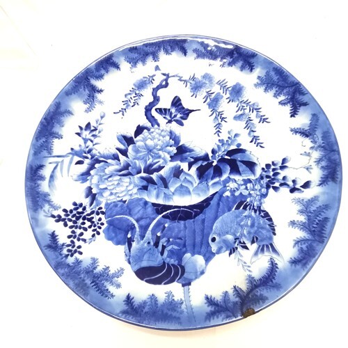 Large Japanese antique blue & white decorated wall charger d...