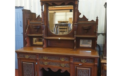 Large Oak Heavily Carved Mirror Backed Sideboard with Multip...