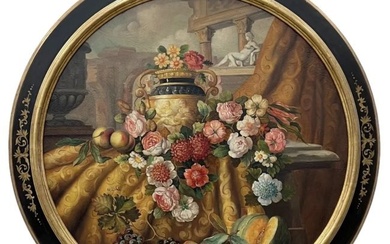 Large Round Colorful Italian Mid-19th Century Architectural Capriccio w/ Flowers Still Life