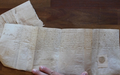 Lettre signée (lot de 2) - une rare lettre sur peau de vélin de Anne d'Alègre, comtesse de Laval. (Château de la Bretesche 1590-1591, Loire-Atlantique, Nantes, Guerre de la Ligne, Henri IV)