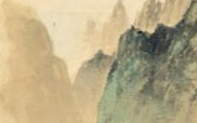 SOLD. Li Xiongcai: A mountainous river landscape with boat and figures. Sealmark of Li Xiongcai. Watercolour on paper mounted on silk. 124 x 31 cm. – Bruun Rasmussen Auctioneers of Fine Art