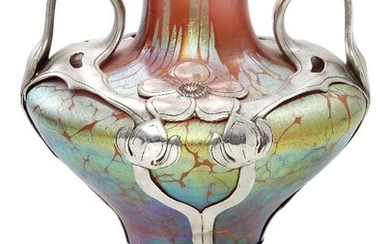 Loetz (Austrian), an iridescent pink Phaenomen glass vase with polished pewter mounts by Van Hauten, c.1900, PG 1/473, ground out pontil, pewter with marks for Van Hauten and numbered 2072, The body of compressed form with extended neck decorated...