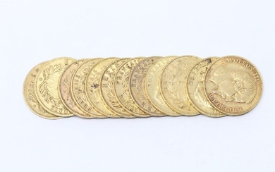 Set of twelve gold coins Napoleon III bareheaded. (1852 A...