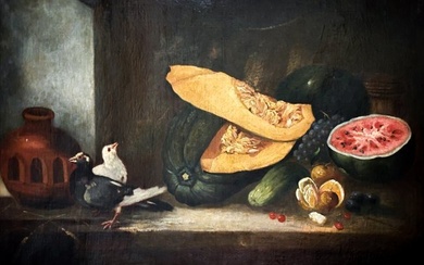 Manuel Sanchez Ramos (Spanish, 19th C) Oil on Canvas Still life, Melons, Doves, Red Clay Pot