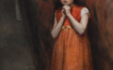 Maud M. Turner (act.1891-1908) Portrait of a young girl, full-length, wearing a red dress and...