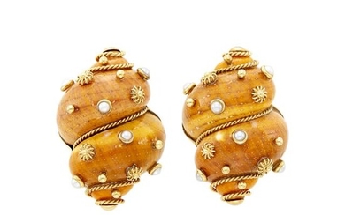 Maz Pair of Gold, Shell and Split Pearl Earrings