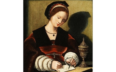 Meister der weiblichen Halbfiguren, in den Niederlanden tätig zwischen 1525 und 1550, JUNGE FRAU BEIM SCHREIBEN AM TISCH MIT PRUNKPOKAL
