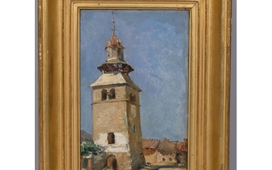 Mid-20th century French School, old bell tower, oil on board...