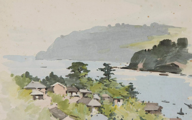 Miyake Kokki, Japanese 1874-1954 - Coastal village, 1933; watercolour on...