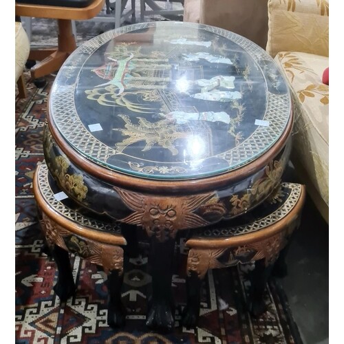 Modern Chinese style oval coffee table with nesting tables u...