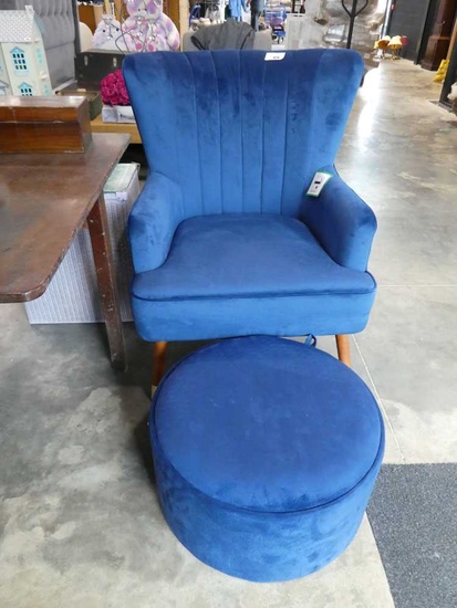 Modern blue suede upholstered wing back easy chair with matching...