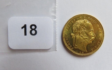 Monnaie or - Hongrie - 20 Francs / 8 Forint François Joseph I 1880 KB (301 422 ex.) SUP défaut de flan au revers (KM. 467)