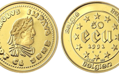 Monnaies et médailles d'or étrangères, Belgique, Baudouin, 1951-1993, 50 ECU 1991. Charlemagne. 1/2 once d'or...