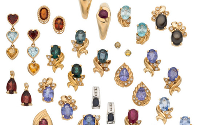 Multi-Stone, Diamond, Gold Earrings The lot includes seventeen pairs...