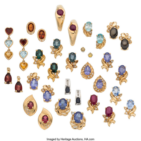Multi-Stone, Diamond, Gold Earrings The lot includes seventeen pairs...