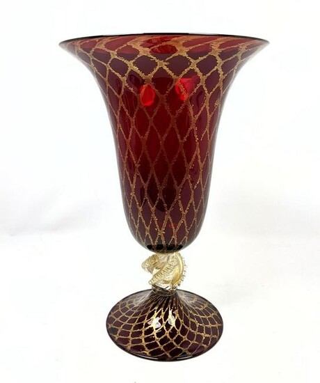 Murano Italian Ruby Red Art Glass Trumpet Vase. Gold fi
