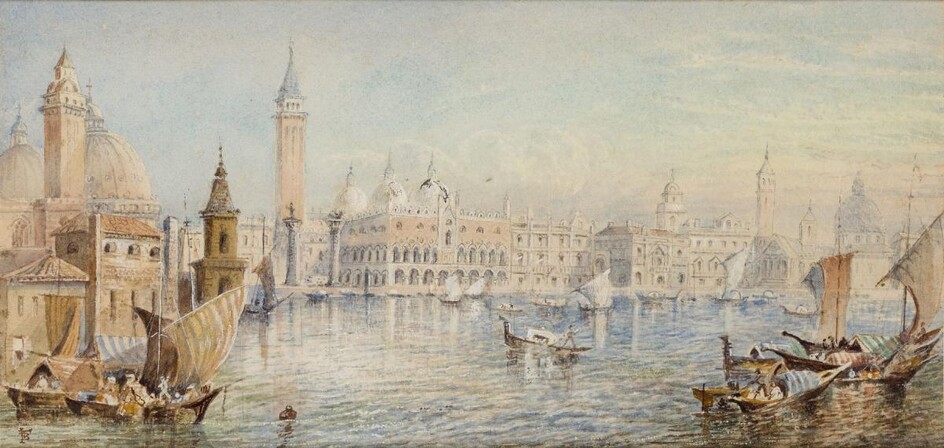 Myles Birket Foster, RWS, British 1825-1899- Two Venetian Canal Scenes: St Mark's and the Doge's Palace; and Santa Maria della Salute; the first pencil and watercolour heightened with white and scratching out on paper, the second pencil and...