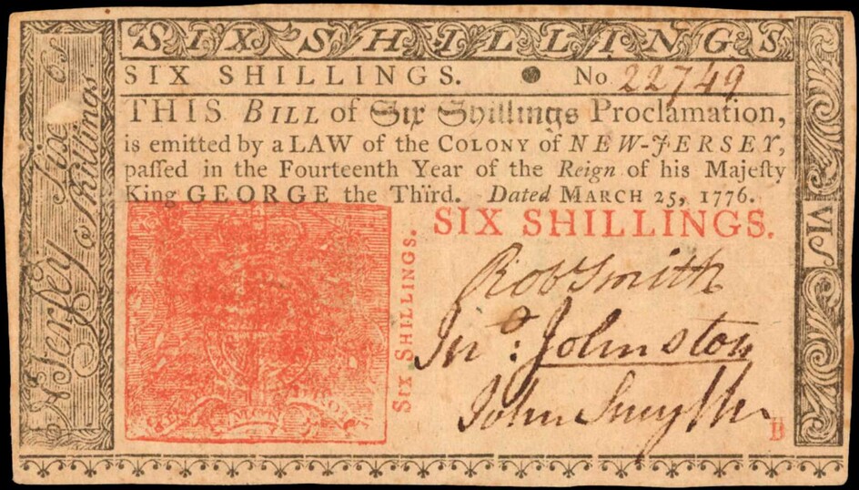 NJ-159. New Jersey. 1776. 6 Shillings. Choice About Uncirculated.